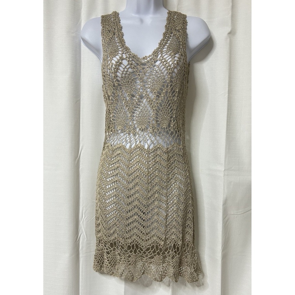 V Cristina Shimmery Gold Crochet Tank Top Dress Fairy Cottage Beach M